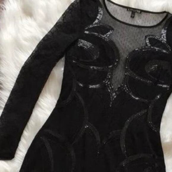 Express sexy black sequin sheer lace long sleeve dress sz2 backless dress NWOT - Picture 12 of 12